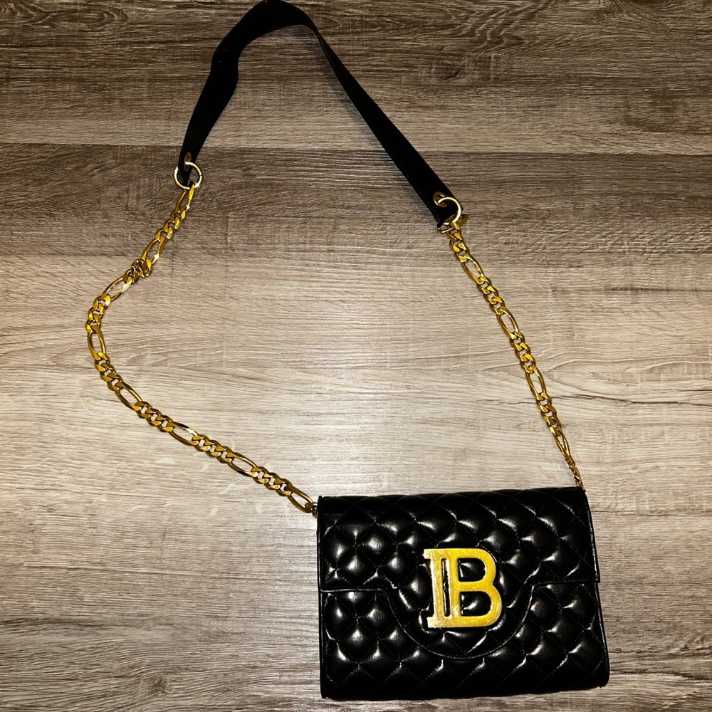 Balmain Black Quilted Crossbody Bag with Gold Accents